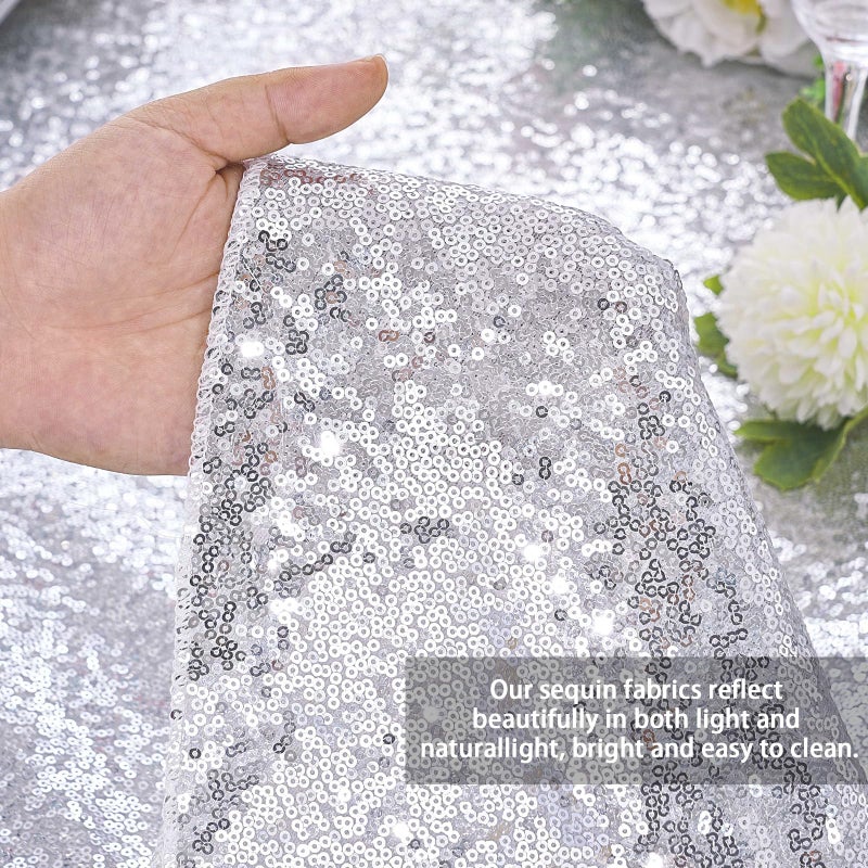 QueenDream Sequin Tablecloth Silver Rectangle Table Cloth - 50x80 Inch Glitter Fabric Overlay for Birthday Wedding Party - Image 2
